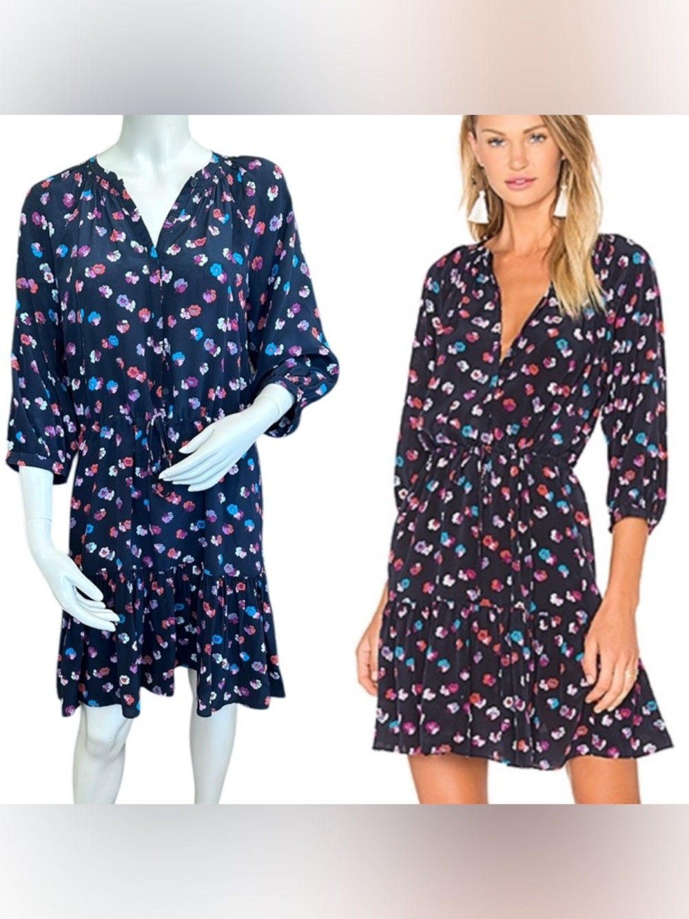 Rebecca Taylor Navy Blue Long Sleeve Sakura Flower 100% Silk Drawstring Dress 4